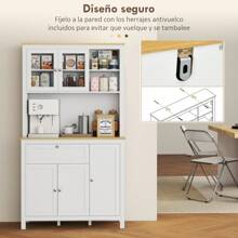 HOMCOM Alacena de Cocina Moderno Mueble Auxiliar de Cocina con 5 Puertas Estante Ajustable Cajón y Encimera de Microondas Abierta 100x40x180 cm Blanco - Blanco - Ver 8
