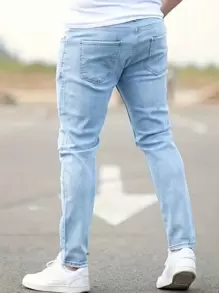 Pantalones vaqueros azul clásico lavados de corte skinny para hombres, pantalones de mezclilla elásticos con detalles desgastados