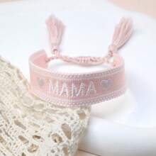 1 pièce Bracelet tissé bohème avec un cœur brodé "MAMA" et des pompons
