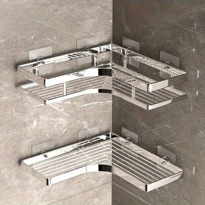 1/2 件装不锈钢转角淋浴置物架 - 免钻孔壁挂式浴室和厨房收纳架，重型扁钢三角形置物架，可放置洗发水、肥皂和沐浴用品，节省空间，适用于浴室和厨房收纳
