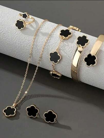 6pcs/Set Necklace, Bracelet, Earrings, Ring, Lucky Flower Necklace, Gold Earrings, Gold Ring, Gold Necklace, Gold Bracelet, Gold Bangle, Girl Jewelry Set, Suitable For Back To School, Party, Holiday