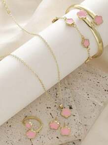 6pcs/Set Necklace, Bracelet, Earrings, Ring, Lucky Flower Necklace, Gold Earrings, Gold Ring, Gold Necklace, Gold Bracelet, Gold Bangle, Girl Jewelry Set, Suitable For Back To School, Party, Holiday