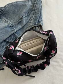 1 pieza Bolso de hombro de estilo casual y fashionable con cierre de cremallera, estampado floral en nailon negro, adecuado para uso diario de mujeres - Negro - Ver 11