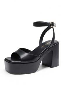 Women Fashion Chunky Platform High Heeled Sandals Open Toe Buckle Decor Ankle Strap Heeled Sandals For Daily Wearing Party Prom - 黑色 - 查看 3