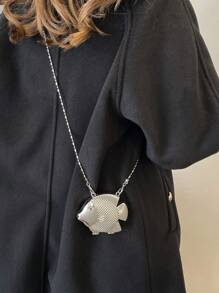 Unique Fish Shape Mini Crossbody Bag, Novelty Micro Purse, Chain Strap Shoulder Messenger Bag Cosmetic Bag, Fashion - Silver - View 5