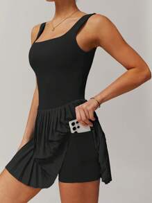 Vestido de tenis para mujer con shorts y sujetador incorporados, vestido de golf plisado, vestido deportivo sin costuras - Negro - Ver 2
