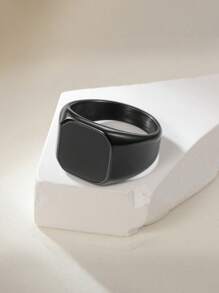 1pc Titanium Steel Ring With Faux Gemstone Inlay, Men's Artificial Stone Titanium Steel Jewelry - 1360 Silver + Obsidian Black - View 9