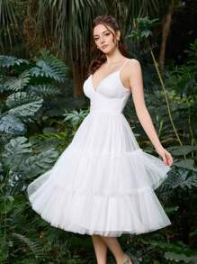 Elasola Polyester Tulle Spaghetti Strap Ruched Bust&Ruffle Trim Layered Tulle Dress Formal Wear For Weddings, Lightweight & Airy Design With Fashion Credentials Summer Dresses Spring Clothes