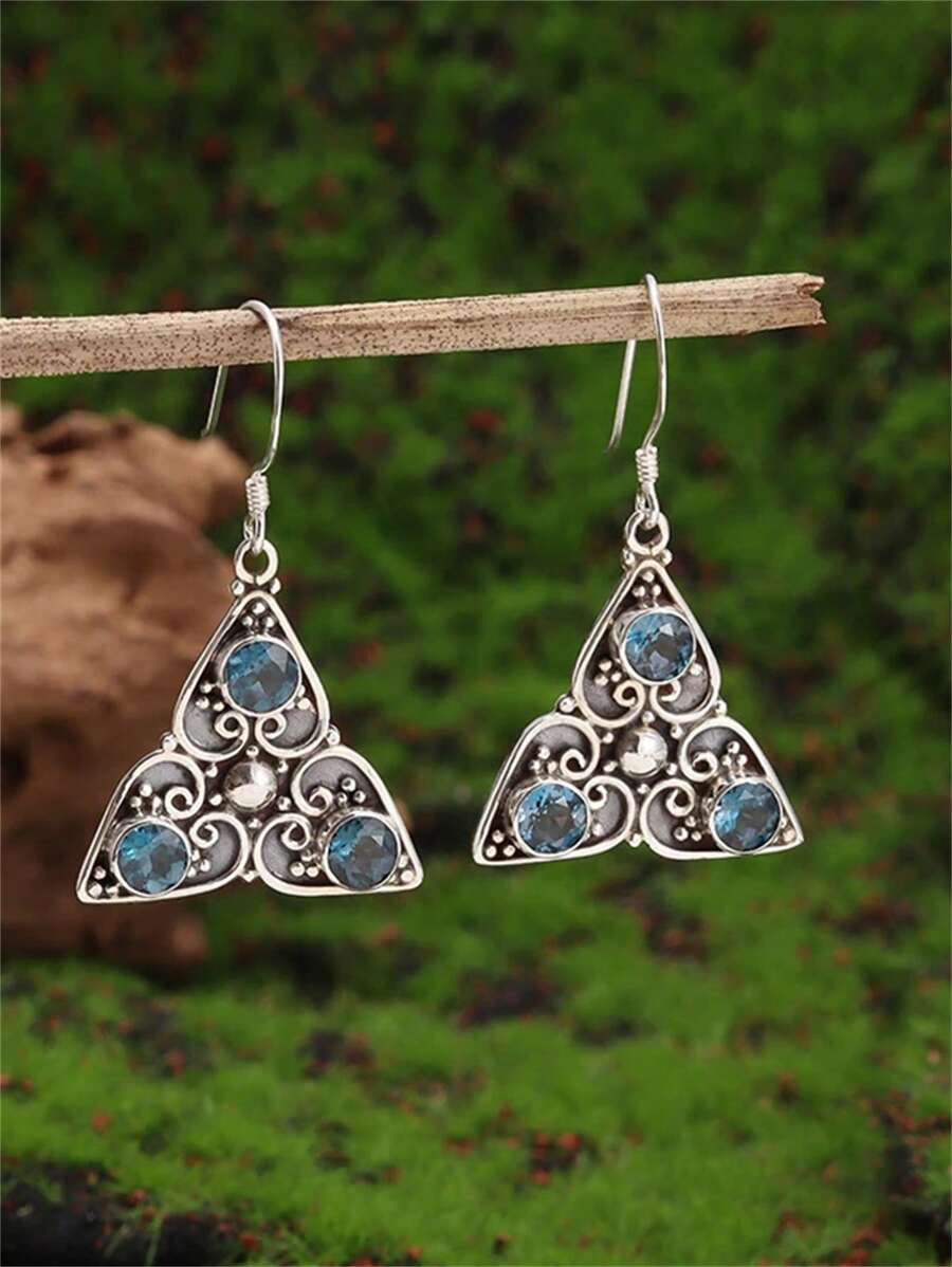 1 对经典复古蓝色方晶锆石三角形低过敏耳环，个性化迷人配饰礼物，适合女性 - 耳環 - 查看 1