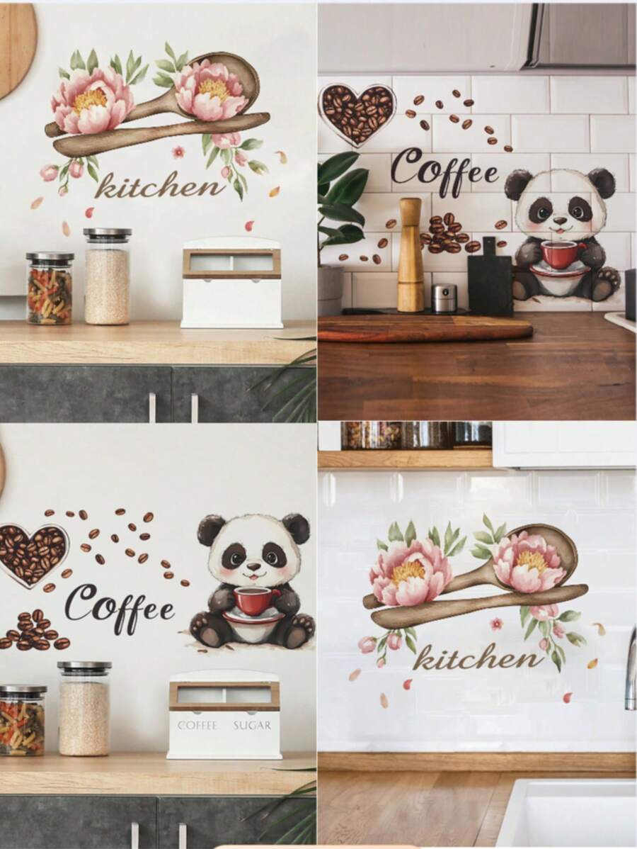 1 pieza Cuchara de madera creativa con diseño de peonía, pegatinas decorativas para cafetera con patrón de oso de café, pegatinas decorativas removibles para la cocina, regalos de decoración para cumpleaños, graduación, decoración del hogar, baño, dormitorio, sala de estar, decoración de la casa