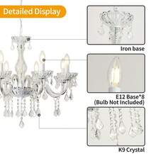 Crystal Chandelier Hanging Pendant Light Fixture,8 Lights Glass Candle Chandeliers For Kitchen Island Dining Rooms Bedroom Living Room Bar Ceiling Light - White - View 7