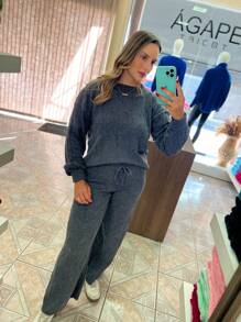 WOMEN'S WINTER MOUSSE KNITTING SET WITH PANTS AND BRAIDED BLOUSE - Dark Grey - View 4