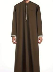 男士经典中东传统纯色简约时尚服饰，适合夏季 - 棕色 - 查看 1