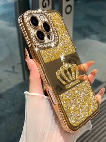 奢华闪亮水钻时尚手机壳 1 件装 双排水钻电镀激光雕刻全水晶皇冠手机壳 兼容 防水防震防摔防刮花 生日礼物 春季周年纪念礼物 - 金色 - 查看 12
