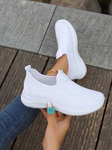 Plus Size Women's White Breathable Lace-Up Sneakers, Mesh Upper, Soft Sole, Shock Absorbing, Anti-Slip, Running Shoes, Casual Multifunctional Comfortable Outdoor Sports Shoes