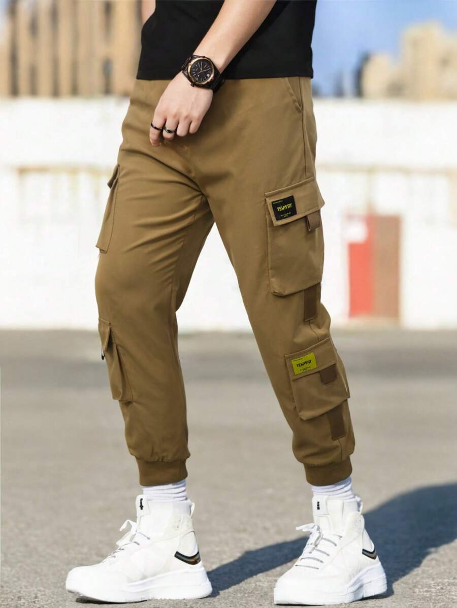 Tween Boy Casual Drawstring Cargo Pants, Fashion Streetwear For Spring, Summer And Fall - Khaki - View 1