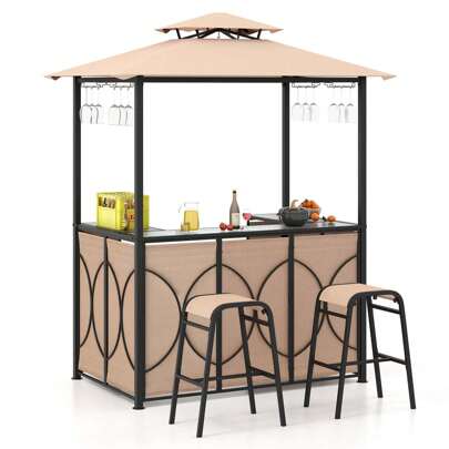 Lifezeal 3 PCS Patio Bar Set With Tempered Glass Bar Table Metal Storage Shelves For Garden Brown/Grey