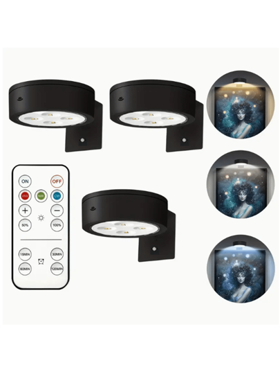 3pcs Battery Powered LED Wall Lights With Remote Control, Press Control, Adjustable Color Temperature And Timer, Wireless Wall Art Lighting, Suitable For Gallery, Staircase, Corridor, Bedroom Frame Decoration(Excluding Batteries)