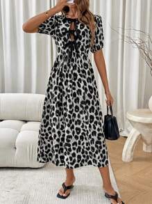 Women's Leopard Print Patchwork Contrast Color Bowknot Mini Dress