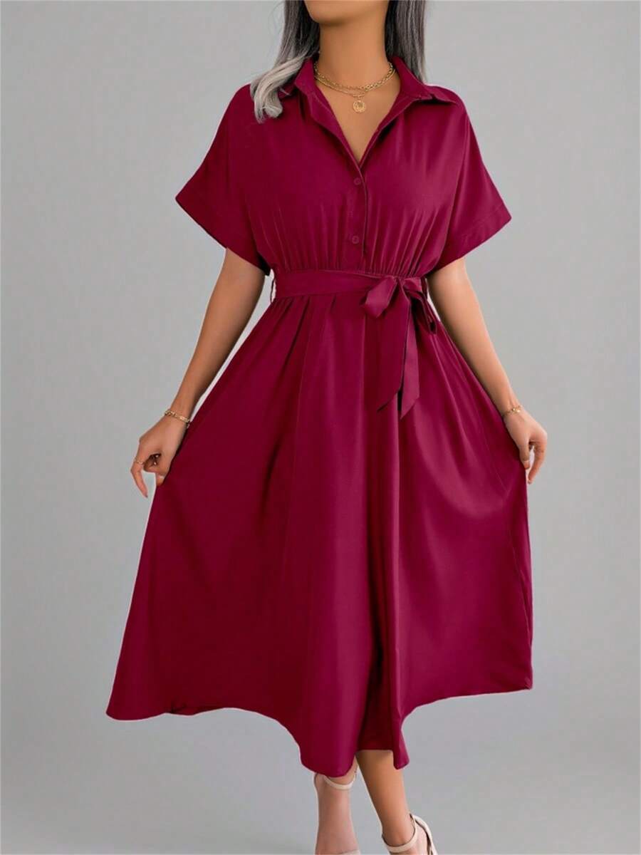 New Spring/Summer Polo Collar Casual Loose Solid Color Drawstring Buttoned Short Sleeve Midi Dress, Wine Red Elegant - Burgundy - View 1