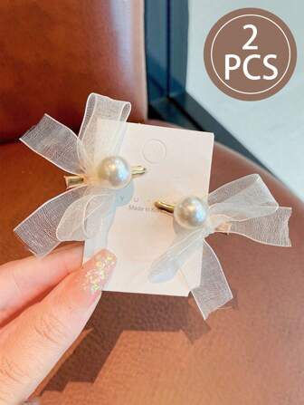 2pcs Tulle Pearl Bow Hairclips, Princess Hair Accessories For Girls