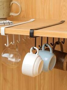 2pcs White/Black 6-Hook Storage Rack, No Drilling Required, Suitable For Cabinet, Cookware, Utensils, Kitchen Organization - Multicolor - View 2