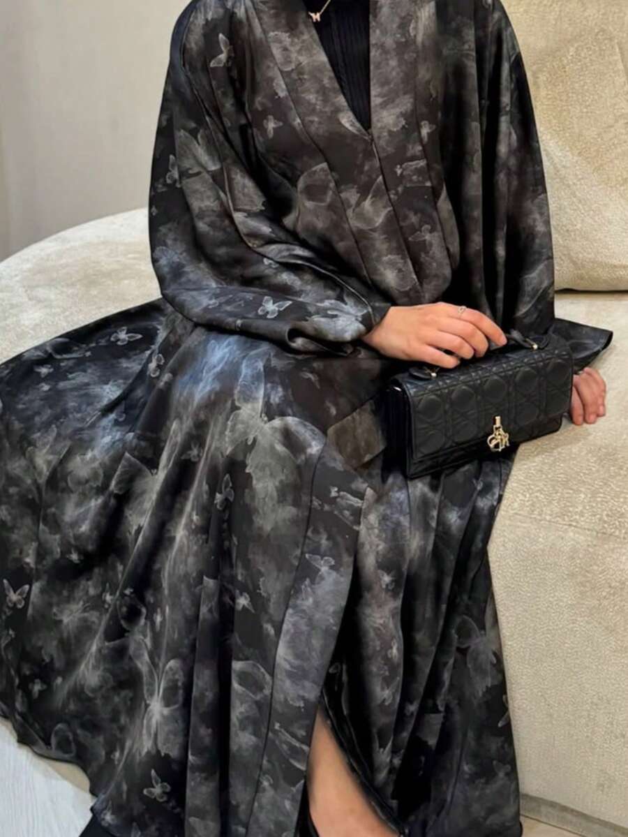 1 件蝴蝶袖开衩休闲长袍，优雅适合日常穿着和聚会，朴素的长袍 - 黑色 - 查看 1