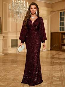 UNITHORSE Vestido de fiesta con escote en V profundo, bajo de sirena, mangas farol brillantes para mujer. Vestido formal para invitada de boda, vestido de novia, conjunto de cumpleaños, vestido de graduación, vestido de gala.