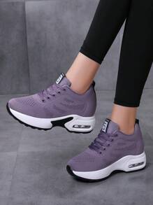 Women's Lightweight Mesh Sneakers, Platform Low Top Lace Up Height Increased Casual Shoes, Women's Sport Footwear - Lilac - View 2