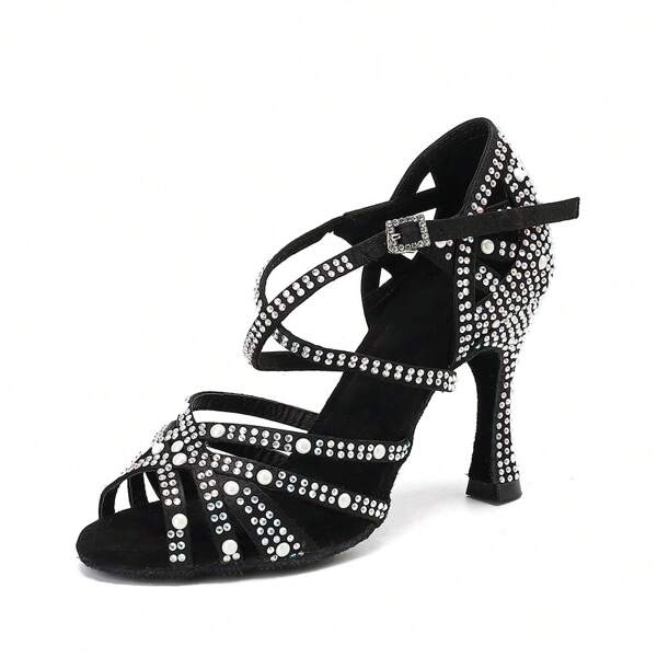 1 Pair Apricot/Black Rhinestone & Pearl Embellished Satin Latin/Cha Cha Dance Shoes, Fashionable & Comfortable High Heels For Ballroom/Social Dancing