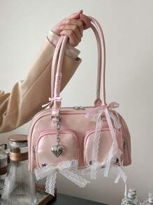 蕾丝蝴蝶结围巾装饰休闲单肩包，保龄球女式手提包，心形吊坠装饰多口袋女式手提包，适合日常/工作的多功能休闲手提包 - 粉色 - 查看 3