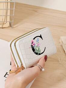 Stylish Crocodile & Stone Texture Women's Compact Card Holder With Multi-Functional Card Storage, Double Zipper Coin Compartment, And ID Window - Customizable A-Z Letter Print With Green Leaves And Pink Flowers Pattern