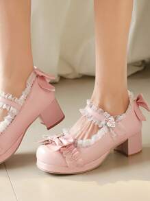 Sweet & Cute Fashion Bowknot Lace Trim Five-Pointed Star Decor Crisscross Strap Platform Heels, Adorable Doll Shoes, Elegant Wedding Formal Heels, Fashionable Ballet Style Heels, Versatile Ballroom Heels, Cute Solid Color Mary Janes Heels, All-Season Formal Dress Heels, Comfortable & Breathable High Heels