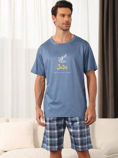 QIANNIANMA 夏季男士两件套睡衣套装：短袖衬衫和短裤，格子图案，宽松休闲装/家居服