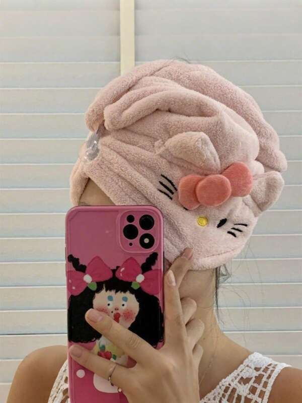 Sanrio 1 Stück Sanrio Hello Kitty rosa bestickter Haartrockner Mütze, Korallen Samt verstärkte Haartuch für das Bad, Damen saugfähige schnell trocknende Duschkappe, Badezimmer Zubehör