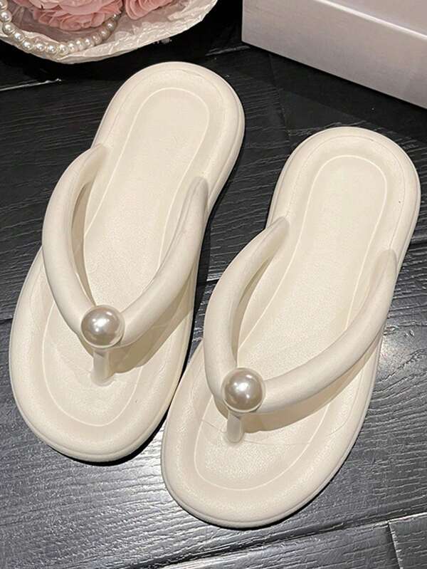 New Arrivals Women Slippers Pearl White Flip Flops Big Size Sandals Flat Lightweight Anti-Slip Beach Vacation Fashion Couple Slippers 36-45