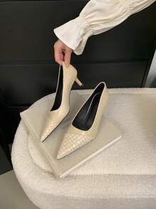 Chaussures à talons hauts pour femmes avec motif damier et patchwork à bout pointu, couleur abricot, convient pour le port au bureau - Nude - Voir 3