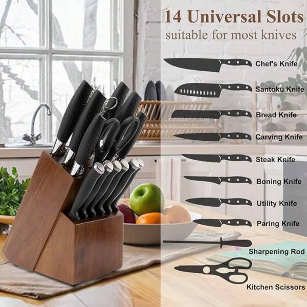 Bloc à couteaux universel, grand bloc à couteaux en bois (couteaux non inclus), bloc à couteaux universel avec 14 emplacements pour plan de travail, organiseur de rangement pour planches à découper de cuisine (marron/noir)