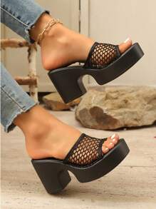 Women's Thick Sole Chunky Heel Hollow Slide Sandals, High Heels