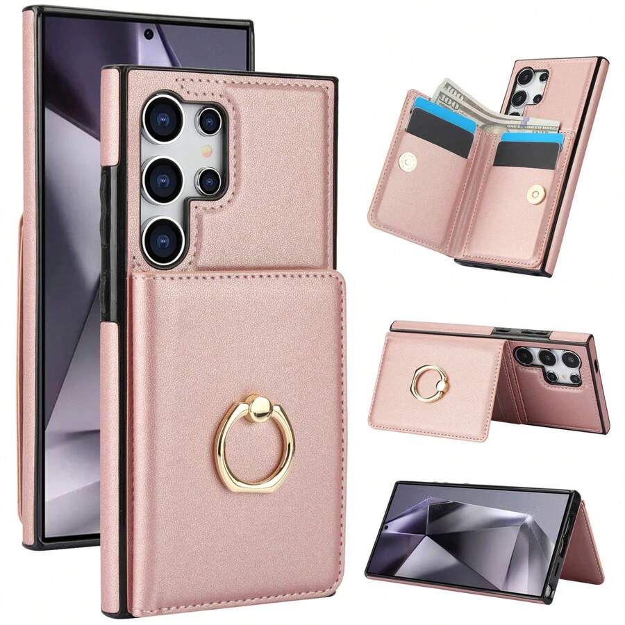 Wallet Case With Card Holder, 360° Rotation Ring Kickstand Magnetic Clasp And Durable Shockproof Cover For Galaxy S25/S24/S23/S22/S21 Ultra/S24 FE/S23 FE/S21 FE/Note 20 Ultra - 玫瑰金 - 查看 1