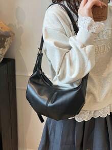1pc Plain Color PU Shoulder Bag, Fashion High Capacity Crescent-Shaped Handbag Suitable For Women Outfit And Outdoor Shopping