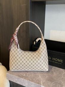 Fashionable Versatile Minimalist Vintage Print Shoulder Bag, Comes With Scarf - 米色 - 查看 8