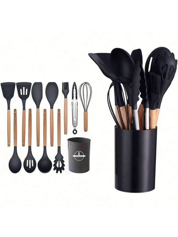 1 conjunto de 12 utensílios de cozinha de silicone com cabos de madeira - utensílios de cozinha e utensílios resistentes ao calor, incluindo colheres, espátula, batedor, pinças e um suporte - ideal para presente de Natal, Ação de Graças, Dia dos Namorados, Dia das Mães, Dia do Trabalho