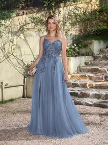 Babyonlinedress BABYONLINE D.R.E.S.S. Tulle Beaded Prom Dresses For Women 2025 Lace Applique Formal Evening Dresses Spaghetti Straps A-Line Puffy Ball Gown - Màu xanh bụi bặm - Xem 8