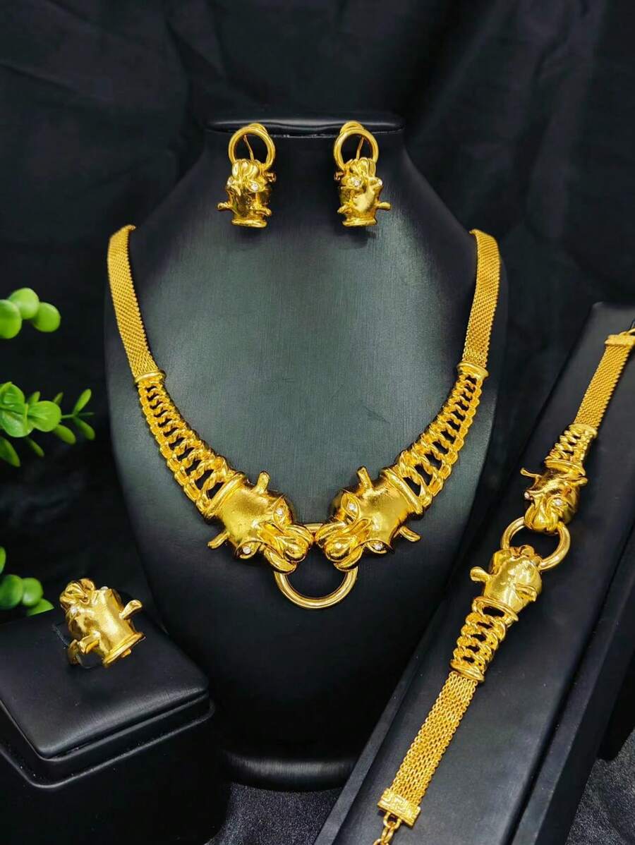 4 件女士镀金虎头动物首饰套装 - 项链、耳环、手链、戒指、迪拜、欧洲、非洲、沙特阿拉伯新娘、婚礼、派对、节日、日常佩戴 - 金黃色 - 查看 1