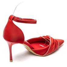 Peep Toe High Heels With Ankle Strap And Ruffle Details, Embellished With Rhinestones - Red - View 5