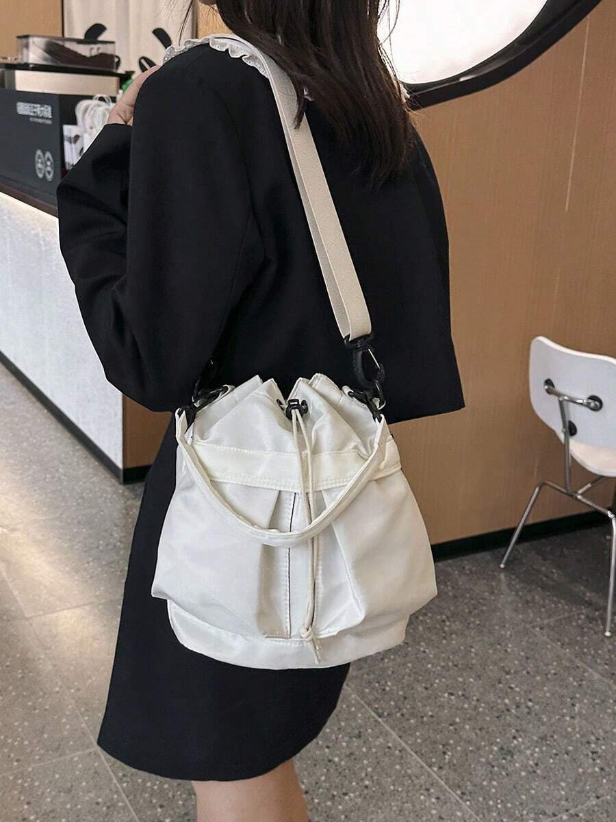 1pc Nylon Drawstring Design Women Shoulder Bag, Versatile For Daily Use, Sports Style, Foldable, Adjustable Strap, Multiple Pockets, Lightweight & Fashionable - White - View 1