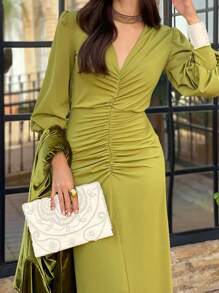 女士纯色褶皱优雅长袖连衣裙（春季款） - 綠色 - 查看 4