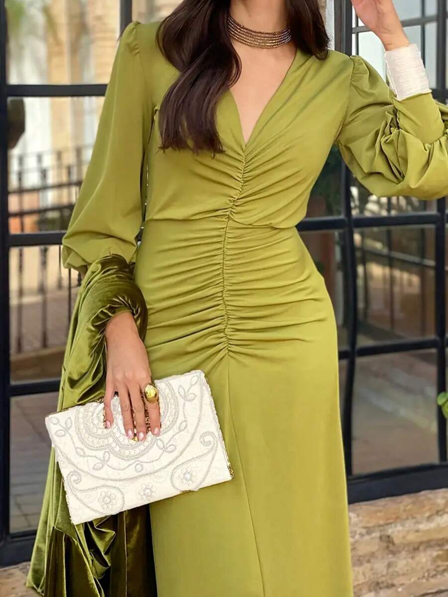 Women's Solid Color Pleated Elegant Long Sleeve Dress Spring - Green - View 1
