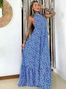 Women's Halter Backless Dress With Padded Cup H-6 - Azul lavado oscuro - Ver 2